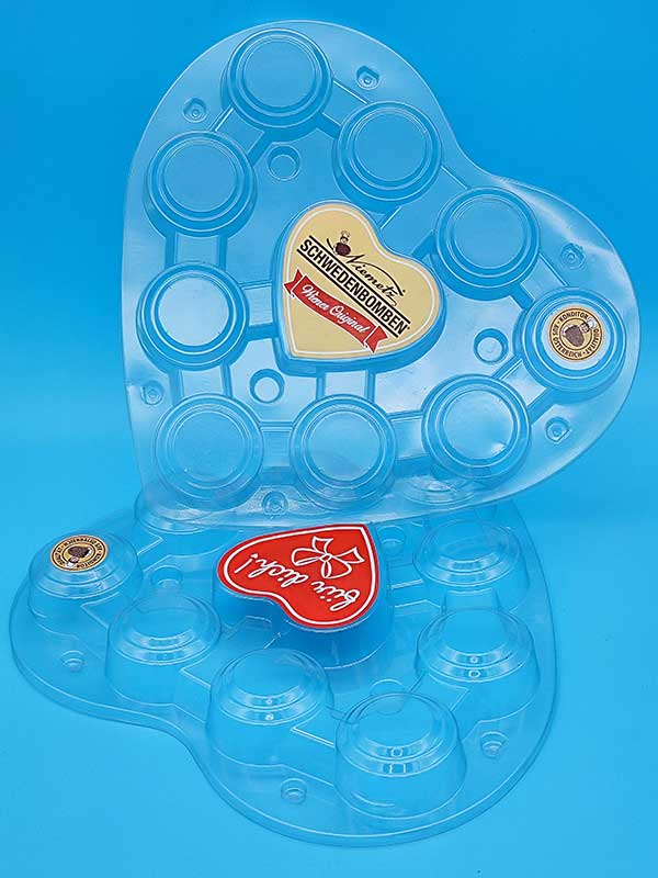 Leere wiederverschließbare Herzverpackung für Schwedenbomben mit Etiketten